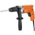 Orange-schwarze Bohrmaschine mit Zusatzgriff und Bohrer