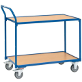 Blauer zweistöckiger Wagen mit zwei Holzplatten und vier Rollen