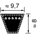 Schwarze Trapezform mit Maßangaben ≈ 9,7 und ≈ 8