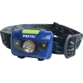 Blaue Stirnlampe mit schwarzem Gurt und Aufschrift PRETEC