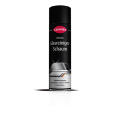 Schwarze Sprühdose mit rotem caramba-Logo und Glasreiniger-Schaum
