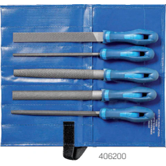 Fünf blaue Feilen mit Griffen auf blauer Tasche, 406200