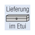 Beschriftung „Lieferung im Etui“ über einer Etui-Zeichnung