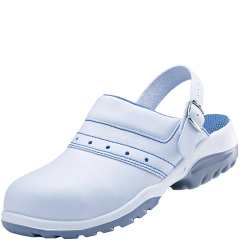 Weißer Clog mit blauem Fersenriemen und grauer Sohle