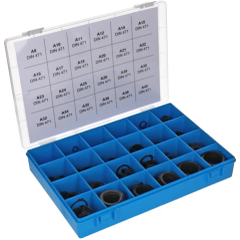Blaue Sortierbox mit Fächern und transparentem Deckel mit Beschriftung