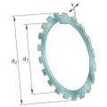 Türkisfarbener Ring mit Zähnen und Maßlinien d1, d2, S