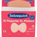 Rote Packung mit Aufdruck „Salvequick“ und „15 Fingertip XL Plasters“