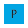 Schwarzer Buchstabe P auf blauem Quadrat