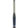 Schwarze Stablampe mit gelbem Lichtstreifen und blauem Griff