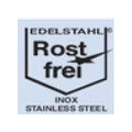 Schwarzes Schild mit der Aufschrift „EDELSTAHL Rost frei INOX