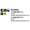 Schwarze Piktogramme und Text „File White“ mit Größenangaben