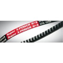 Schwarzes und rotes Band mit weißer Aufschrift „Super X-POWER M=5“