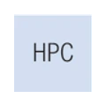 Schwarze Buchstaben „HPC“ auf hellem Quadrat
