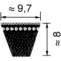 Schwarze konische Form mit Maßpfeilen und Beschriftung ≈ 9,7 und ≈ 8
