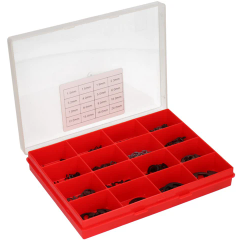 Rote Sortierbox mit geöffnetem Deckel und kleinen schwarzen Teilen