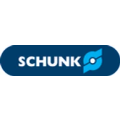 Blaues Logo mit weißer Aufschrift SCHUNK und Symbol