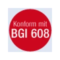 Roter Kreis mit weißer Aufschrift „Konform mit BGI 608“