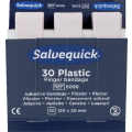 Blaue Packung mit Aufschrift „Salvequick 30 Plastic Finger bandage“