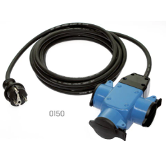 Schwarzes Kabel mit blauem Stecker und Aufdruck 0150