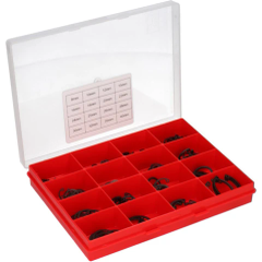 Rote Sortierbox mit transparentem Deckel und Fachbeschriftungen