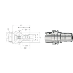 Technische Schnittzeichnung und silbernes Bauteil mit Maßangaben