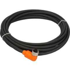Aufgerolltes schwarzes Kabel mit orangefarbenem Stecker