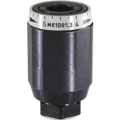 Schwarzes zylindrisches Bauteil mit silbernem Ring und Aufdruck