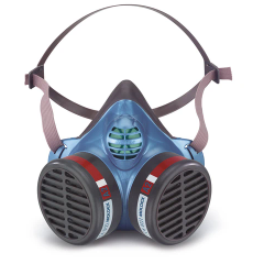 Blaue Atemschutzmaske mit zwei runden Filtern und Kopfband